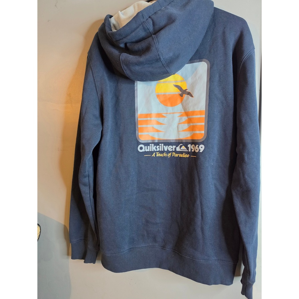Quiksilver Mens Navy Blue Graphic Hoodie Touch of Paradise Waffle Lined Large